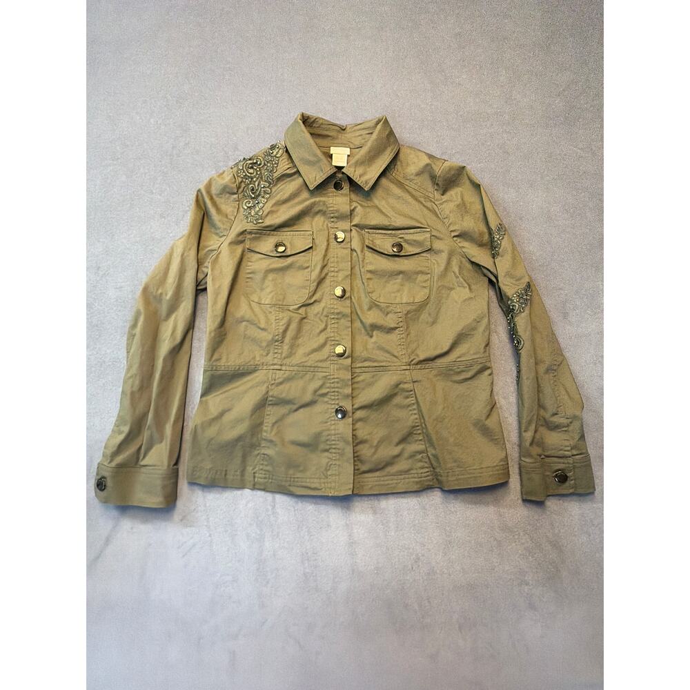 Chico’s Lace Embroidered Embellished Appliqué Utility Army Green Jacket Size Med